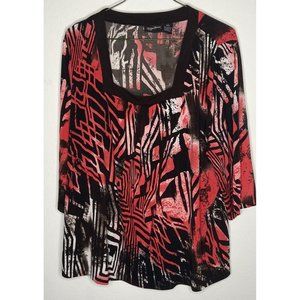 Maggie Barnes 2X 22W-24W Blouse Red Black Artsy Square Neck Retro VTG Geometric